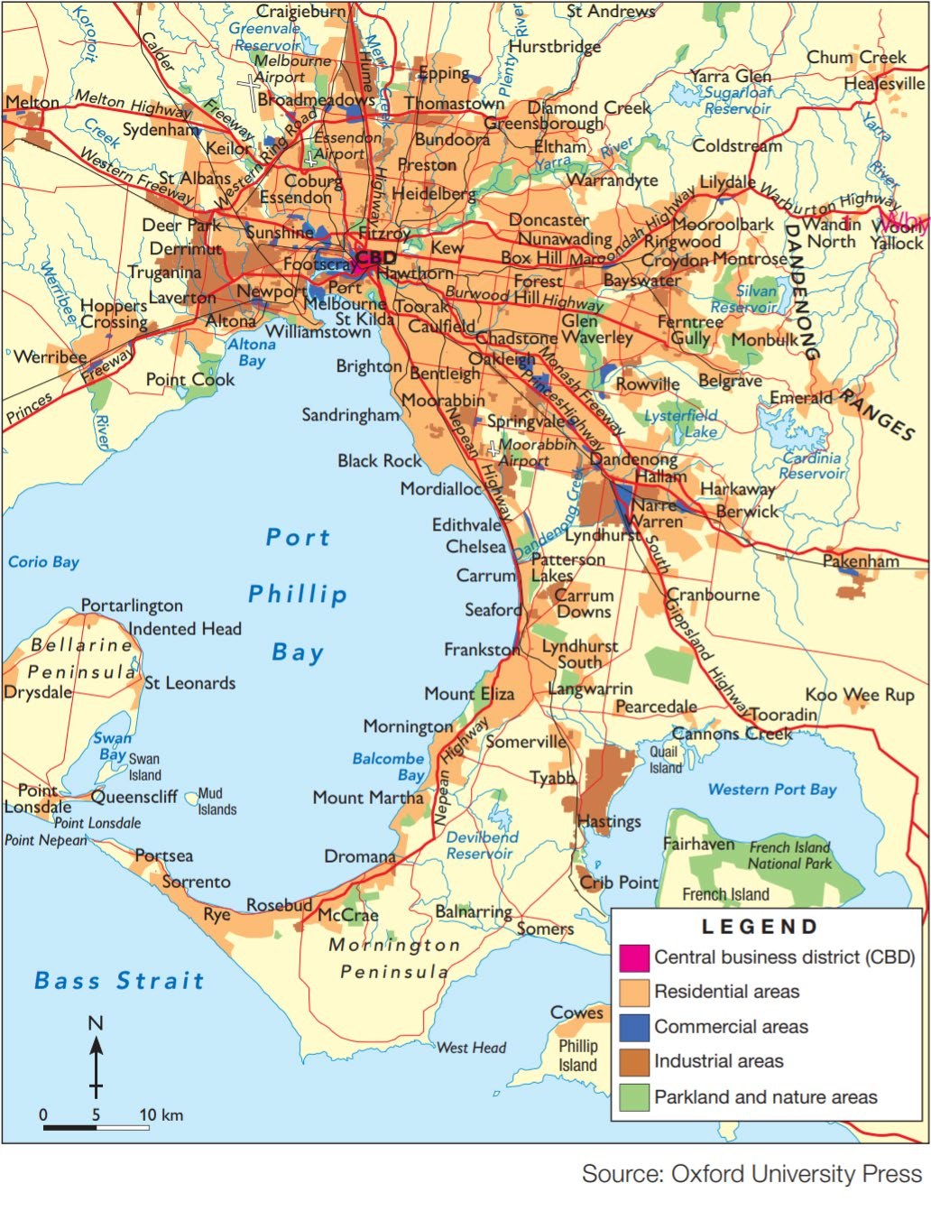 Land-use map of Melbourne showing the CBD, residential, commercial, industrial, parkland and nature areas