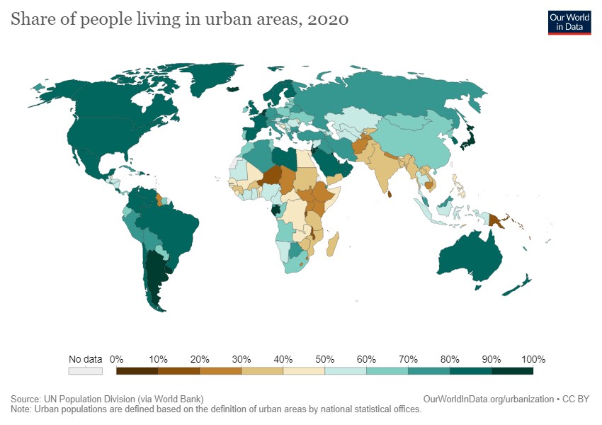 Our World in Data map: share of people living in urban areas, 2020