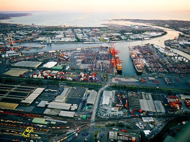 Port of Melbourne with containers and rail yards